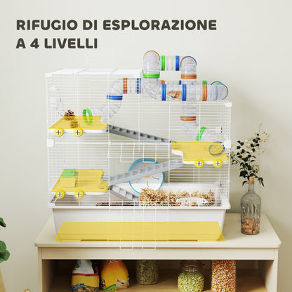 Gabbia per Criceti a 4 Livelli con Tubi, Ruota, 3 Porte e Vassoio, in Metallo, PP e PS, 78x45x73 cm, Bianco
