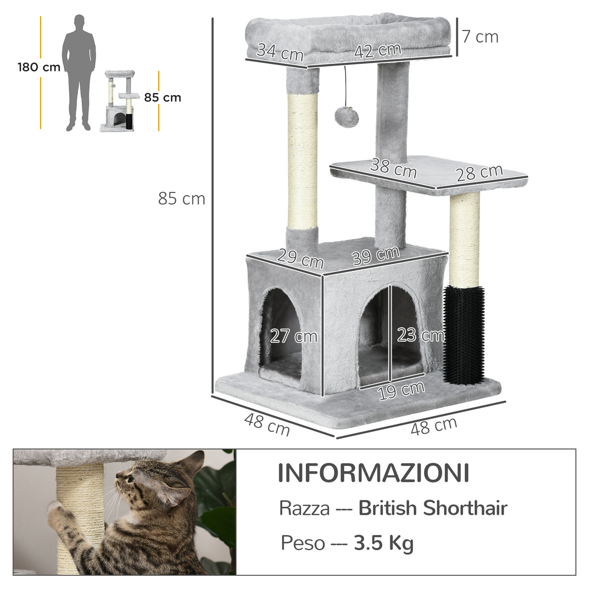 Albero Tiragraffi per Gatti Multilivello con Lettino e Casetta, Rivestimento in Peluche, Grigio