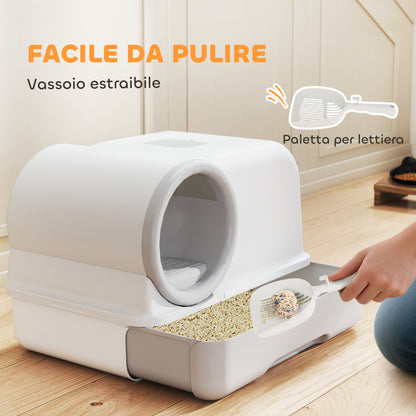Lettiera per Gatti Chiusa con Vassoio, Paletta e Sacchetti Deodoranti, in PP, 59x39.5x39.5 cm, Bianco e Grigio