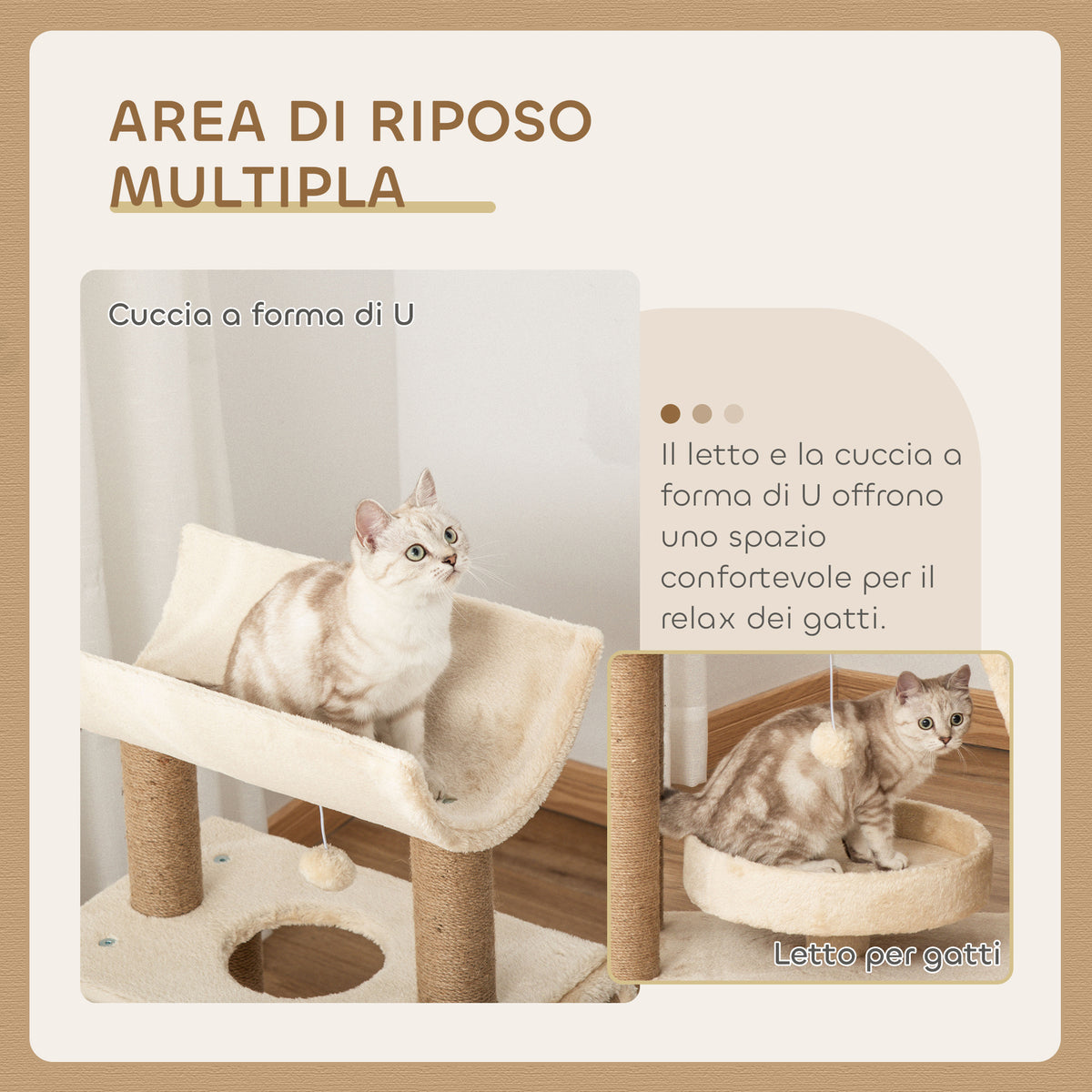 Albero Tiragraffi per Gatti con Lettino, Cuccia e Tappetino, in Legno, Peluche e Sisal, 60x30x76 cm, Marrone Chiaro
