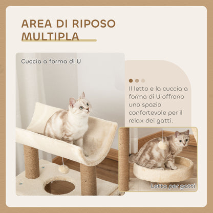 Albero Tiragraffi per Gatti con Lettino, Cuccia e Tappetino, in Legno, Peluche e Sisal, 60x30x76 cm, Marrone Chiaro