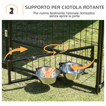 Recinto per Cani in Metallo e Tessuto Oxford con Porticina per Ciotole, 141x141x151 cm, Nero e Marrone