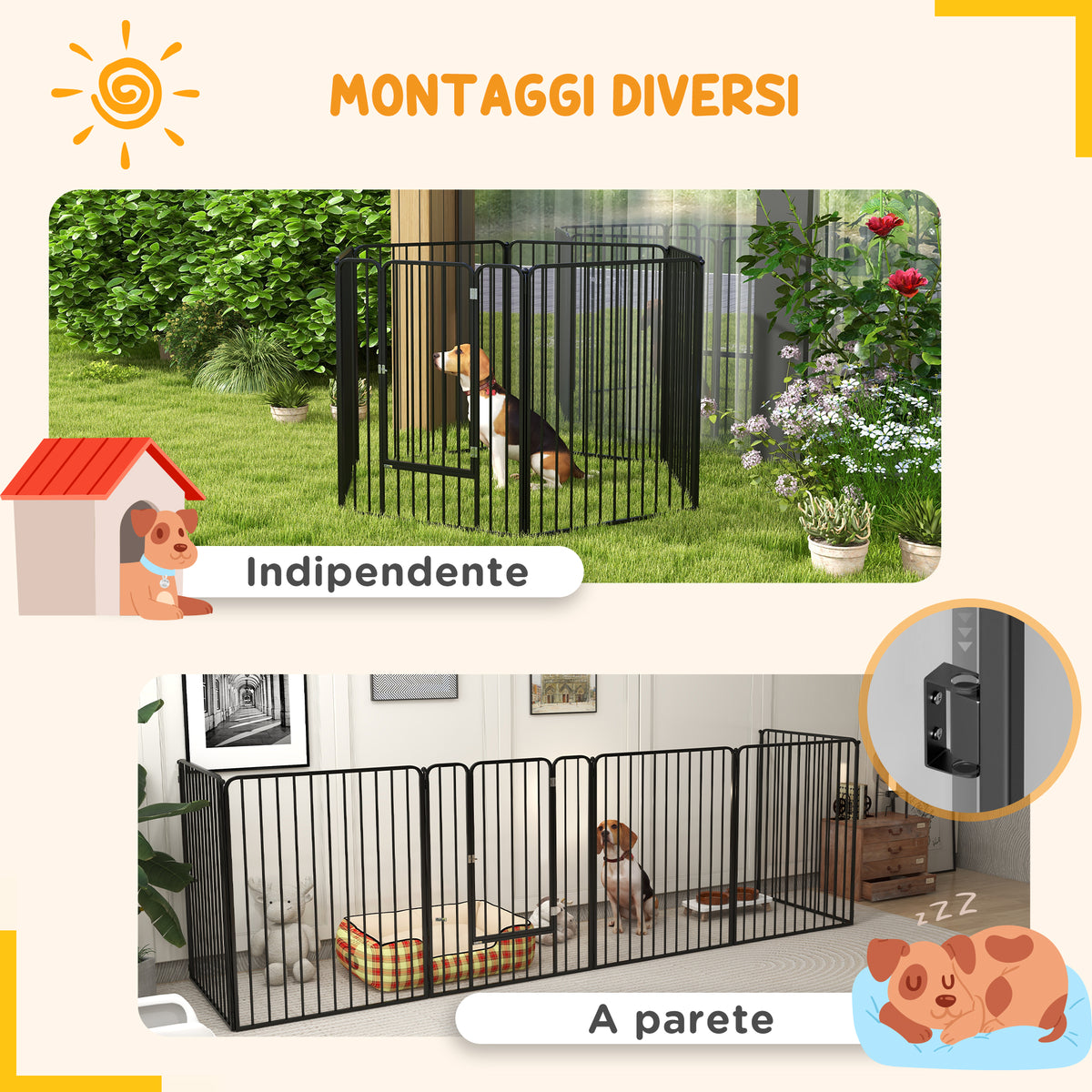Recinto per Cani Grandi a 6 Pannelli Modulabili in Acciaio, 164x83x100 cm, Nero