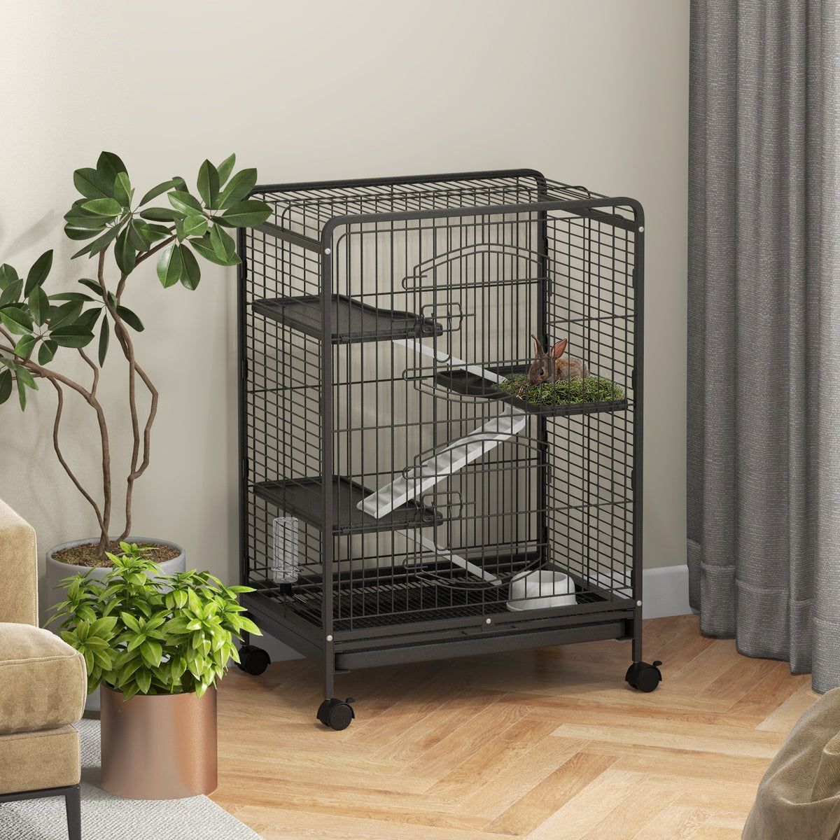 Gabbia per Piccoli Animali e Piccoli Roditori con Ruote, Gabbietta per Conigli e Cincillà con 3 Rampe e 3 Piattaforme, Ciotola e Bottiglia, 61.5x44x95 cm, Nero