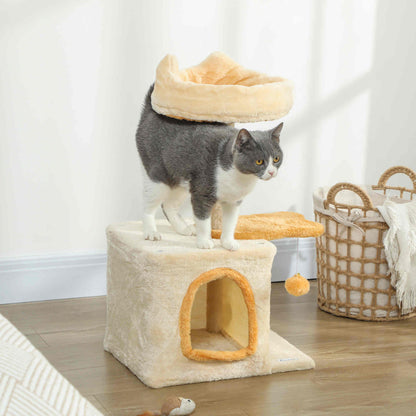 Albero Tiragraffi per Gatti con Posatoio e Casetta, in Legno, Peluche e Sisal, 40x30x72 cm, Beige e Giallo