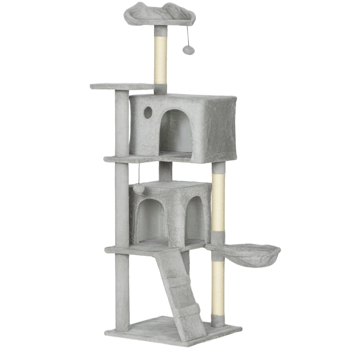 Albero Tiragraffi per Gatti con 2 Casette, Amaca, Lettino e Pali in Sisal, 48x48x160 cm, Grigio