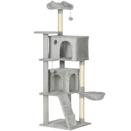Albero Tiragraffi per Gatti con 2 Casette, Amaca, Lettino e Pali in Sisal, 48x48x160 cm, Grigio