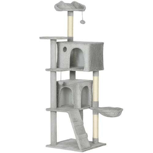 Albero Tiragraffi per Gatti con 2 Casette, Amaca, Lettino e Pali in Sisal, 48x48x160 cm, Grigio