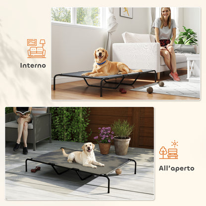 Lettino per Cani Grandi Rialzato da Esterno in Acciaio e Rete Traspirante, 152x94x23 cm, Grigio