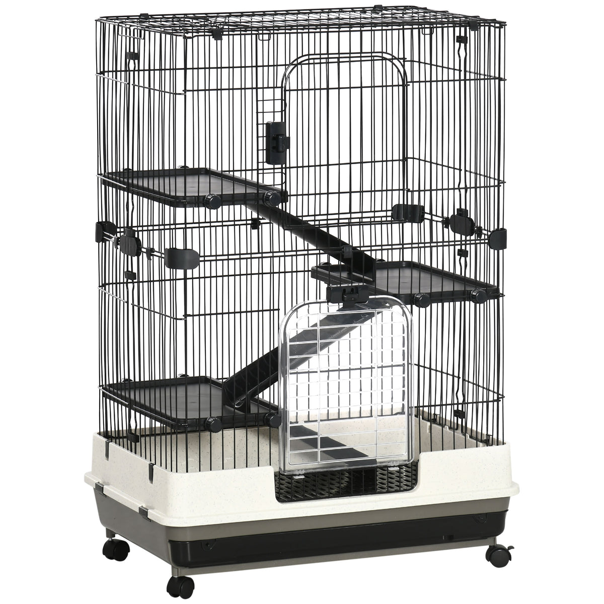 Gabbia a 3 Piani in Metallo con Vassoio per Roditori, Conigli e Furetti con 4 Ruote, 81.2x52.7x114cm, Nera