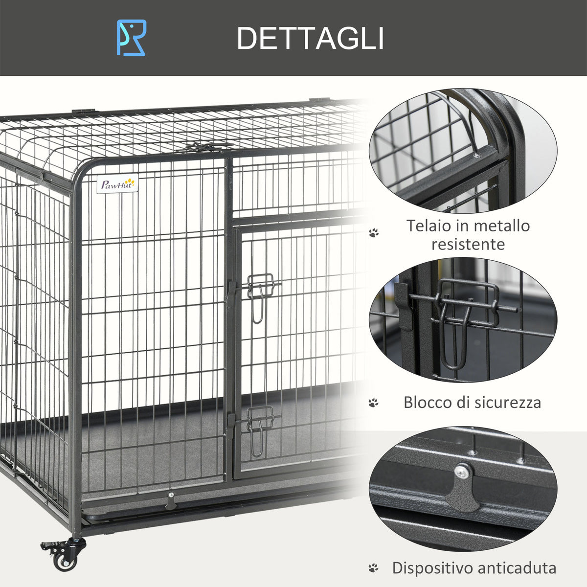 Kennel Gabbia per Cani Pieghevole a Doppia Porta con Blocco, Box per Cani con 4 Ruote con Freno e Fondo Rimovibile, 125x76x81cm, Grigio Scuro