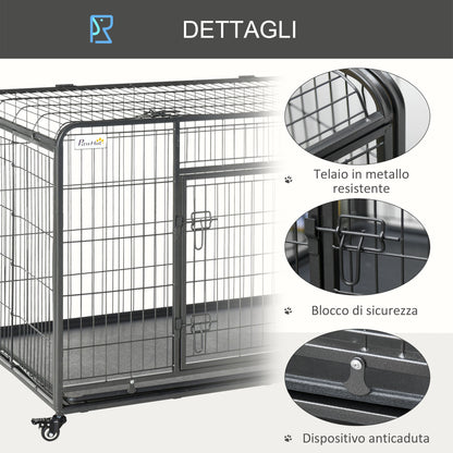 Kennel Gabbia per Cani Pieghevole a Doppia Porta con Blocco, Box per Cani con 4 Ruote con Freno e Fondo Rimovibile, 125x76x81cm, Grigio Scuro