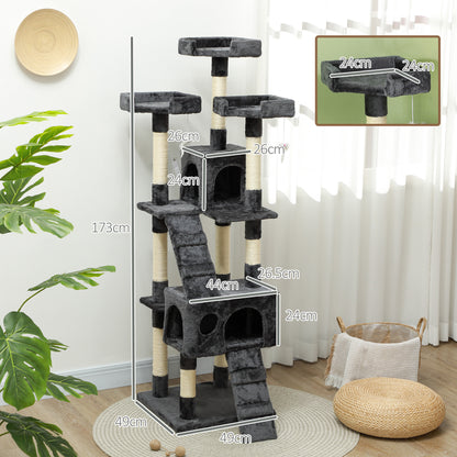 Albero Tiragraffi per Gatti con 3 Posatoi, 2 Casette e Giochi Appesi, in Legno e Peluche, 49x49x173 cm, Grigio
