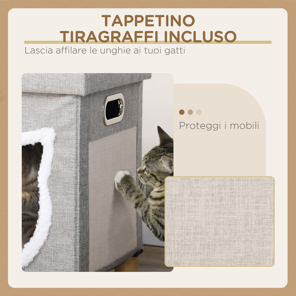 Casetta per Gatti con Tiragraffi, Cuscino e Pallina, in Legno e Poliestere, 35.5x35.5x42.5 cm, Crema e Grigio