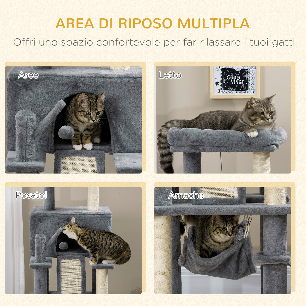 Albero Tiragraffi per Gatti con Pali in Sisal, Casetta, Lettino e Amache, 48x48x140cm, Grigio