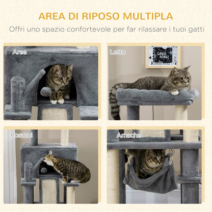 Albero Tiragraffi per Gatti con Pali in Sisal, Casetta, Lettino e Amache, 48x48x140cm, Grigio