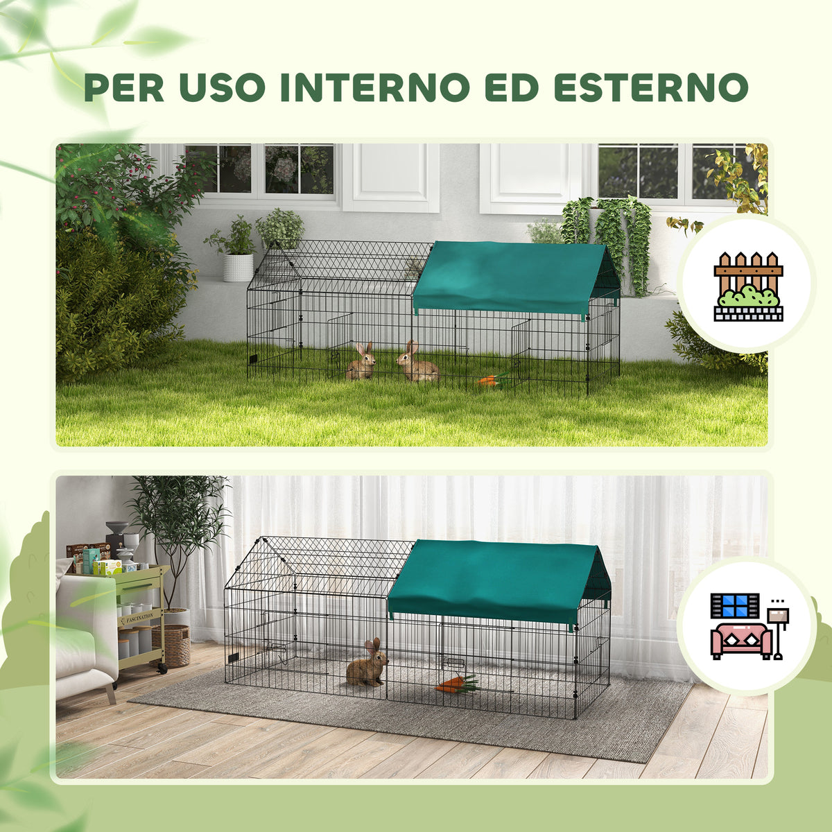 Gabbia per Conigli da Esterno e Interno a Casetta con Tettuccio, 185x75x75 cm, Verde