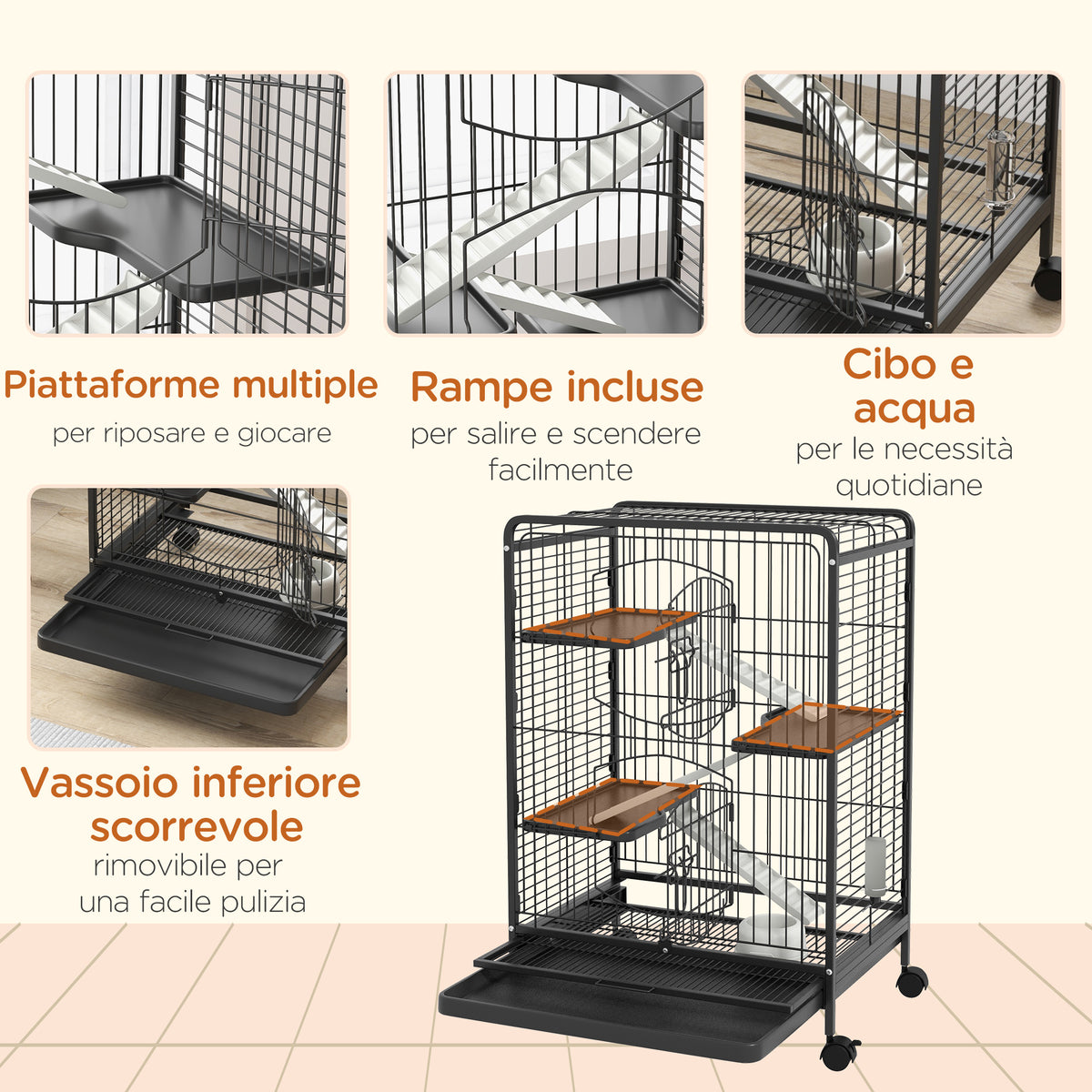 Gabbia per Piccoli Animali e Piccoli Roditori con Ruote, Gabbietta per Conigli e Cincillà con 3 Rampe e 3 Piattaforme, Ciotola e Bottiglia, 61.5x44x95 cm, Nero