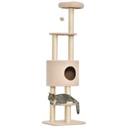 Albero Tiragraffi Robusto per Gatti con 5 Livelli, Cuccia, Casetta, Giochi e Corda Sisal, Beige, Max 30kg