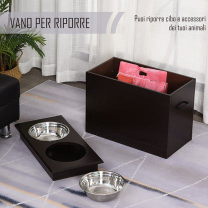 Ciotole Rialzate per Cani Grandi, Supporto Portaciotole in MDF con 2 Ciotole in Acciaio Inox, 60x30x41 cm, Marrone