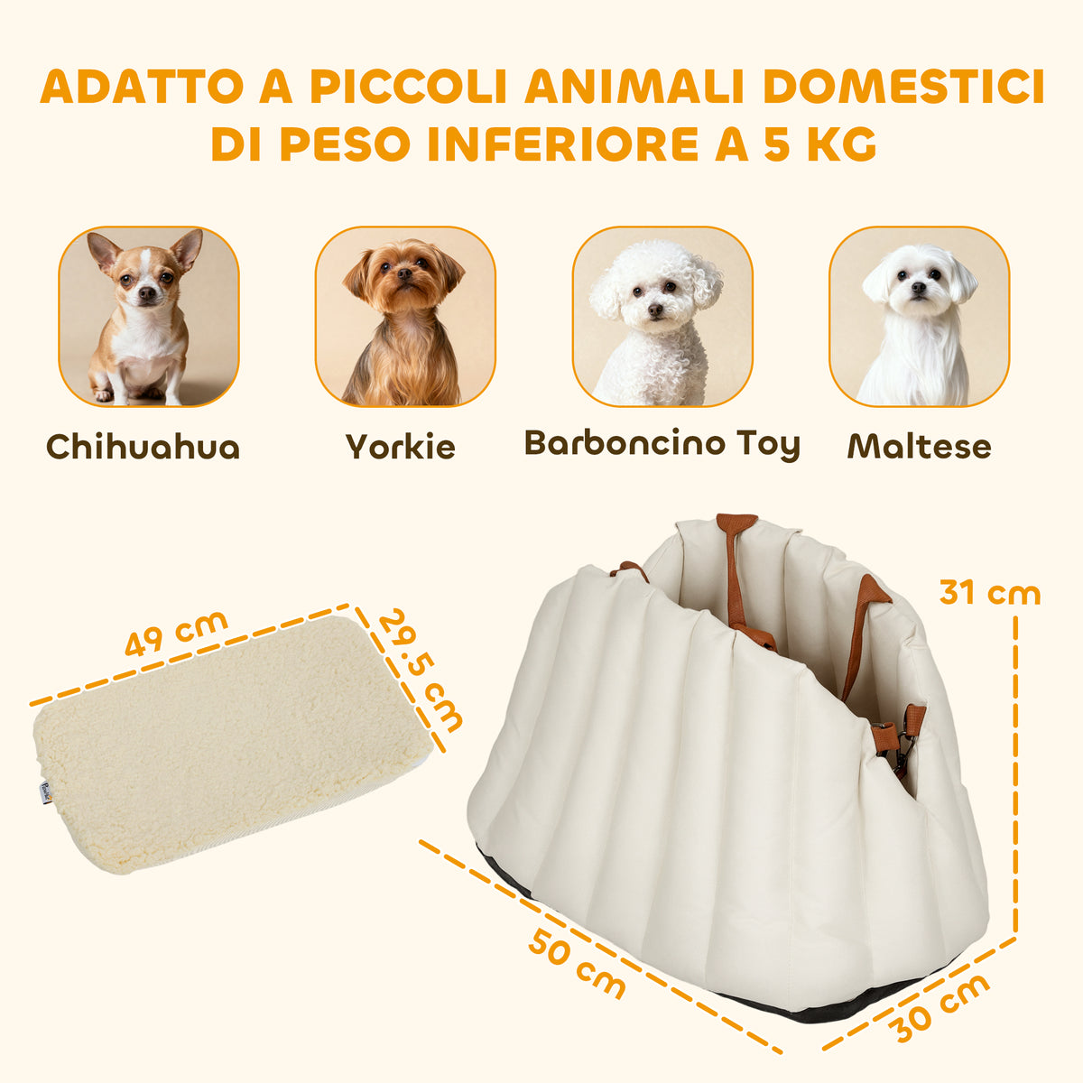 Seggiolino Auto per Cani Piccoli con Guinzaglio e Base Antiscivolo, Convertibile in Borsa per Animali, Crema