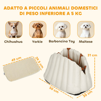 Seggiolino Auto per Cani Piccoli con Guinzaglio e Base Antiscivolo, Convertibile in Borsa per Animali, Crema