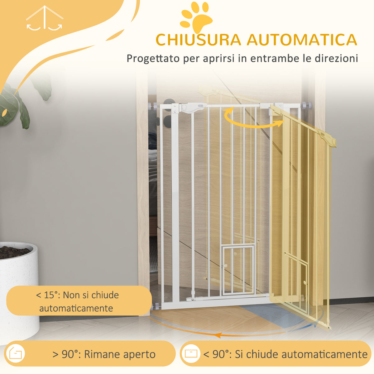Cancellino per Cani Regolabile Alto con Porta Piccola e Chiusura Automatica, 74-80x104cm, Bianco