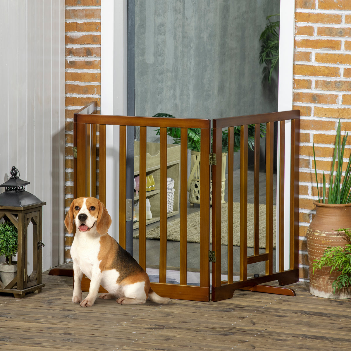 Cancellino per Cani Pieghevole a 3 Pannelli con Piedini Antiscivolo per Corridoi, Scale e Stanze, in Legno di Pino, 181x35x76 cm, Marrone Scuro