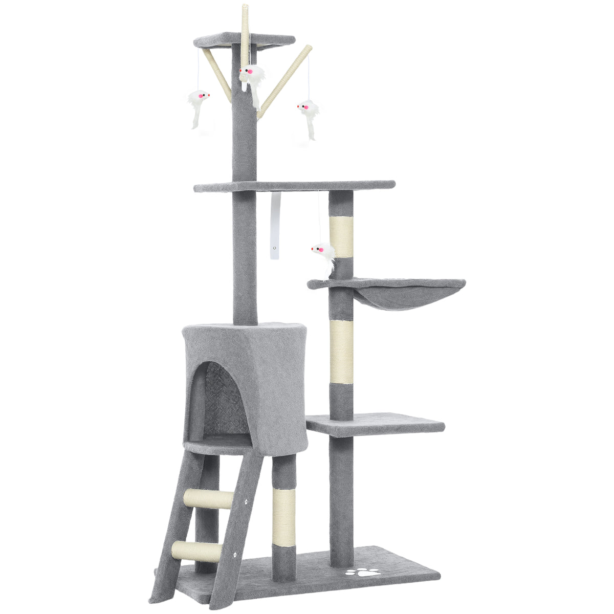 Torre per Gatti con Casetta, Trespolo, Piattaforme e 4 Topolini, in Legno, Peluche e Sisal, 60x35x134 cm, Grigio
