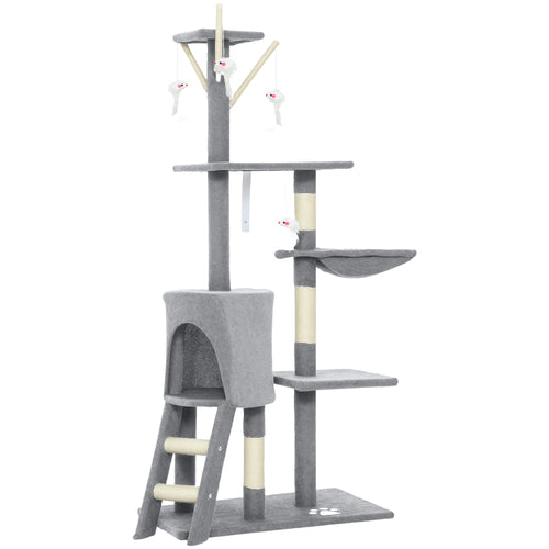 Torre per Gatti con Casetta, Trespolo, Piattaforme e 4 Topolini, in Legno, Peluche e Sisal, 60x35x134 cm, Grigio
