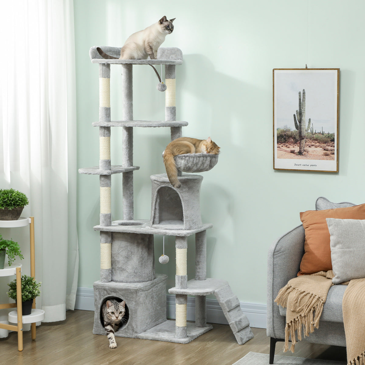 Albero Tiragraffi per Gatti con 2 Casette, Amaca, Tunnel, e Lettino, Pali in Sisal, 60x40x170 cm, Grigio