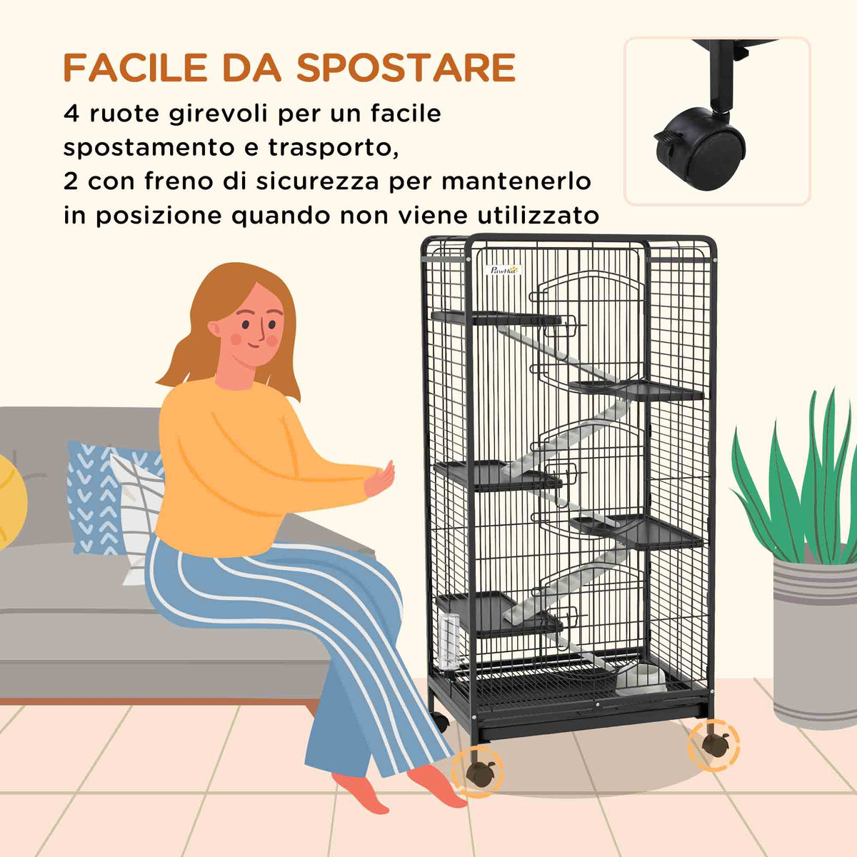 Gabbia per Piccoli Animali con Ruote, 5 Rampe e 5 Piattaforme, Ciotola e Bottiglia, 61.5x44x131 cm, Nero