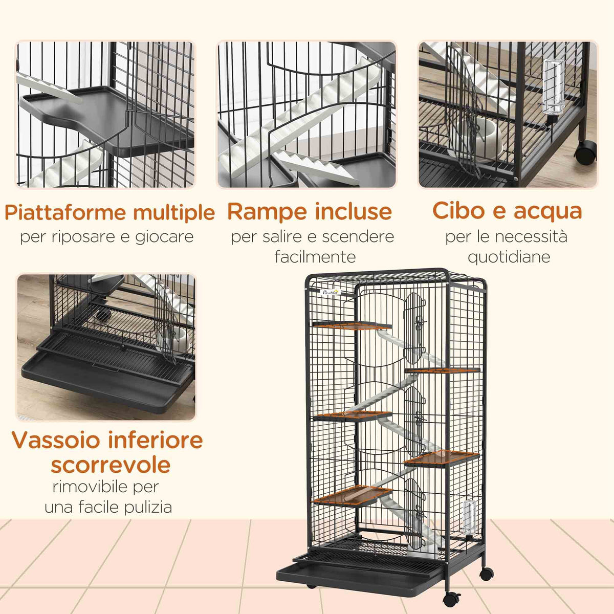 Gabbia per Piccoli Animali con Ruote, 5 Rampe e 5 Piattaforme, Ciotola e Bottiglia, 61.5x44x131 cm, Nero