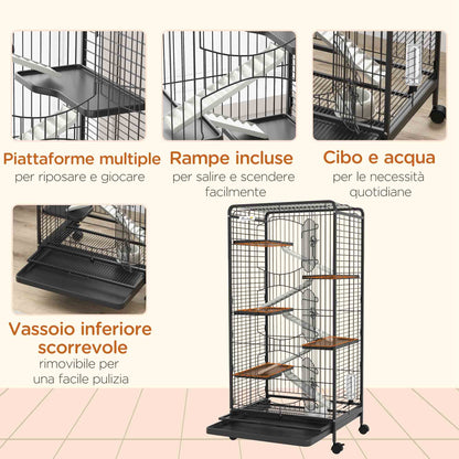 Gabbia per Piccoli Animali con Ruote, 5 Rampe e 5 Piattaforme, Ciotola e Bottiglia, 61.5x44x131 cm, Nero