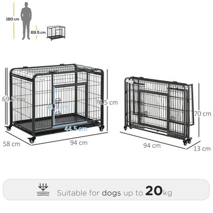 Kennel per Cani Pieghevole a Doppia Porta con Blocco, 4 Ruote con Freno e Fondo Rimovibile, 94x58x69.5 cm, Grigio