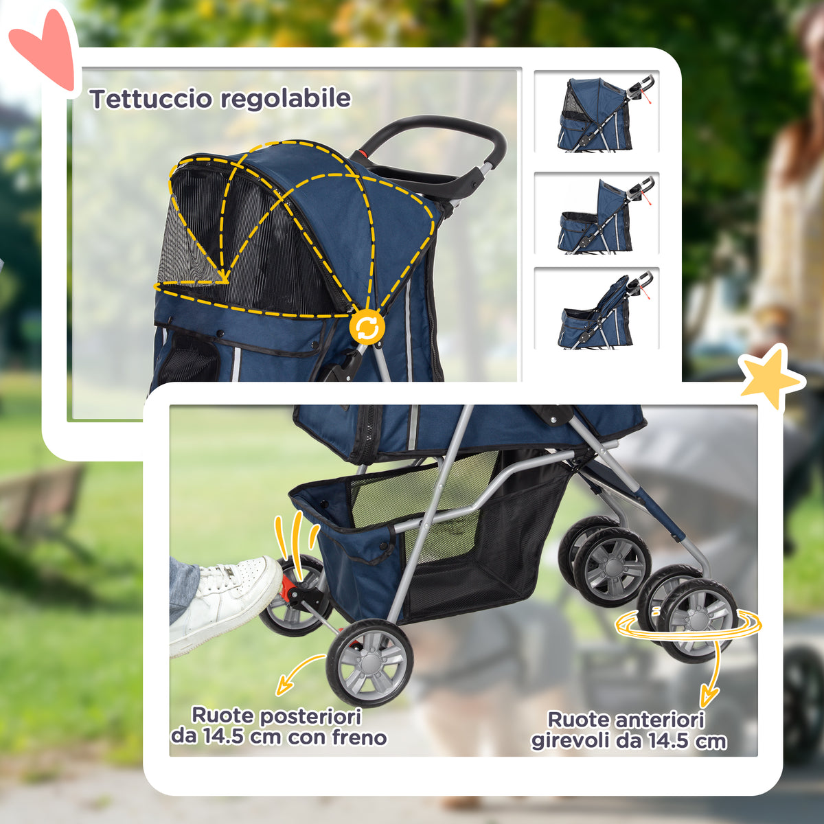 Passeggino per Cani Pieghevole con Cestino e Portabicchiere, Peso Max. 10 kg, 75x45x97cm, Blu Scuro