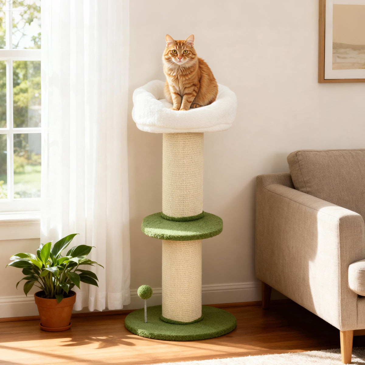 Albero Tiragraffi per Gatti Alto 92 cm con Palo in Sisal e Lettino a Forma di Fiore, Verde
