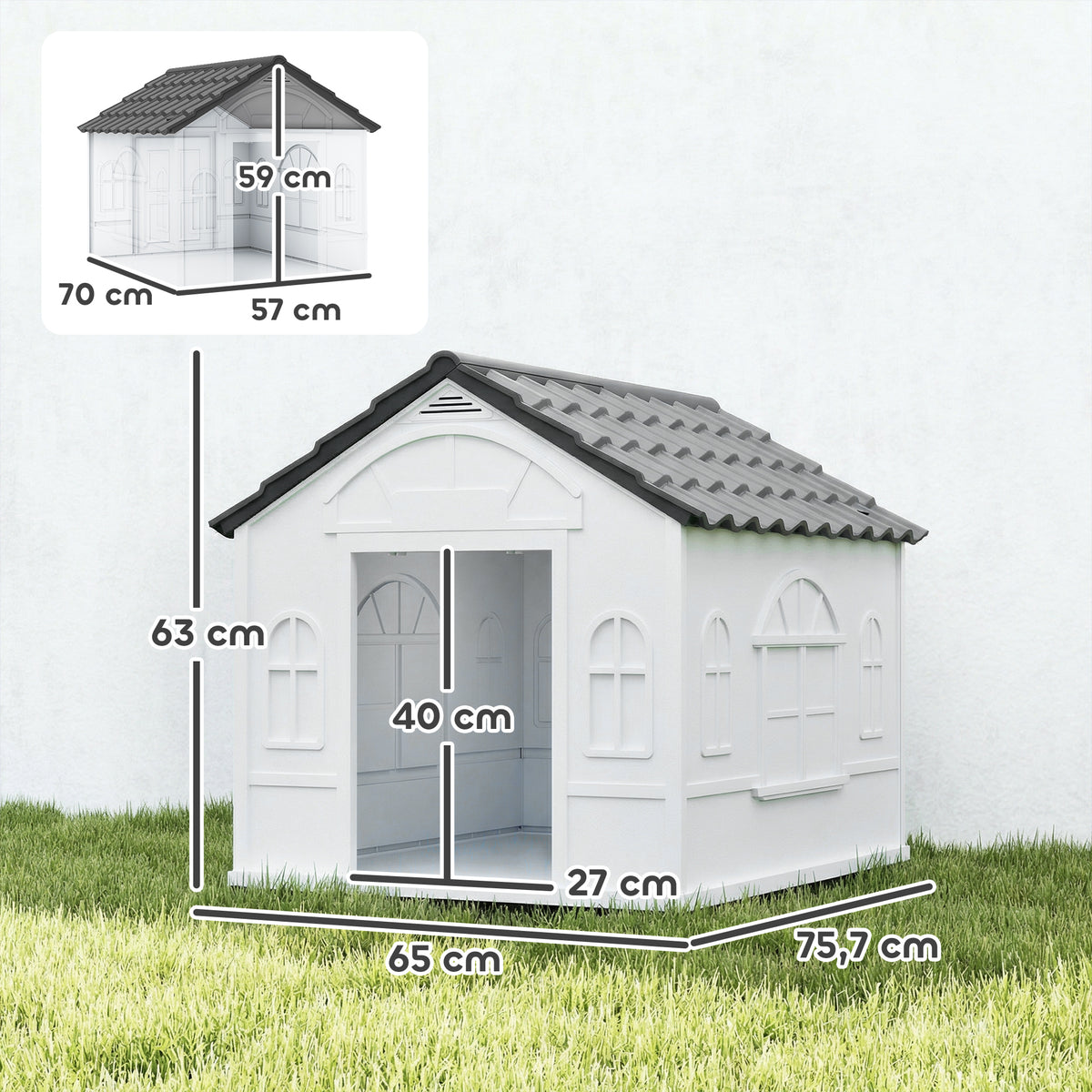 Casetta per Cani in PP Impermeabile con Tetto Inclinato e Porta di Ingresso, 65x75.7x63 cm, Grigio