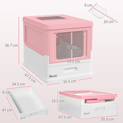 Lettiera per Gatti Chiusa in PP a 2 Porte con Paletta e Vassoio Estraibile, 47.5x35.5x36.7 cm, Rosa e Bianco