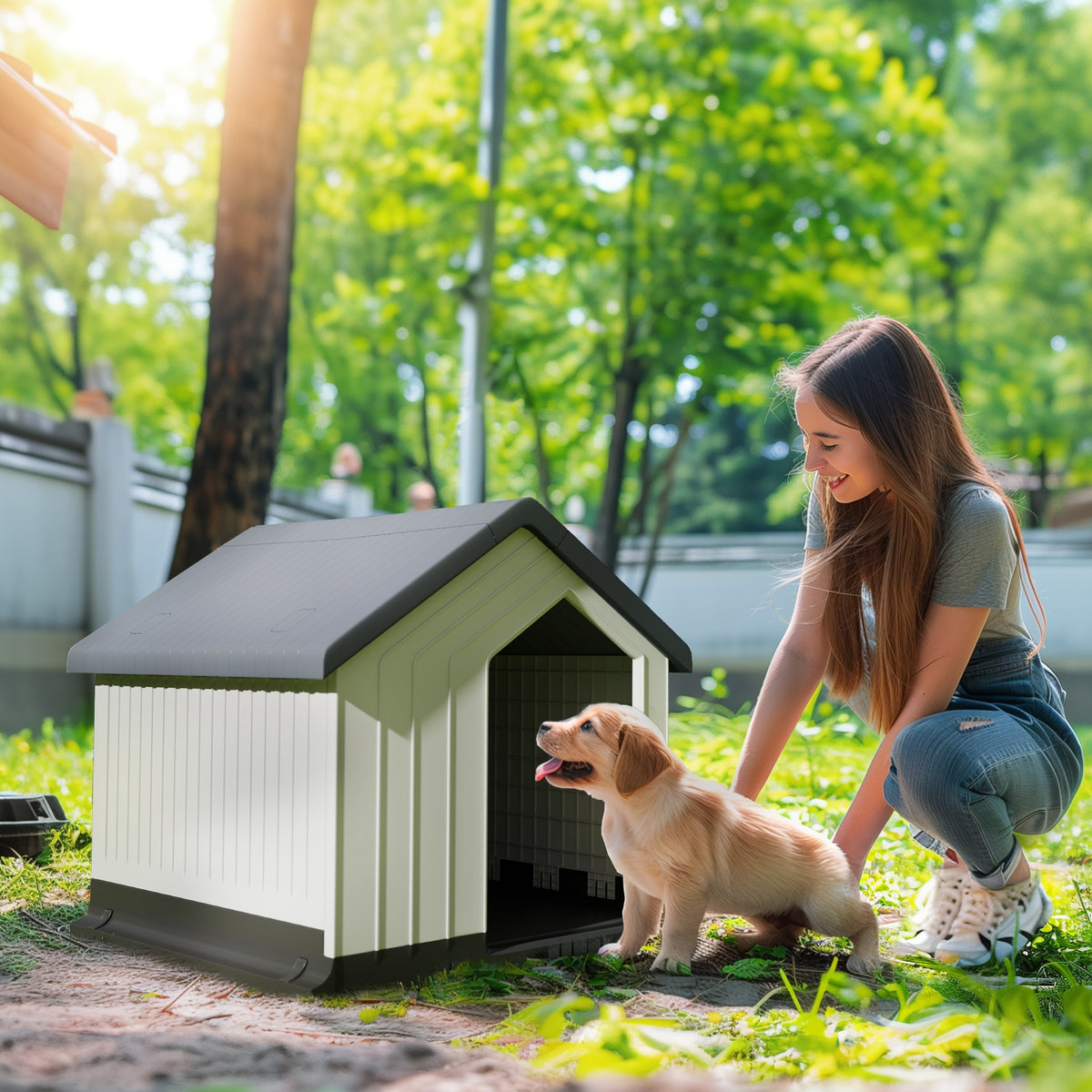 Casetta per Cani Piccoli e Mini da Esterno Impermeabile in Plastica con Finestra, 62x61x60 cm, Grigio