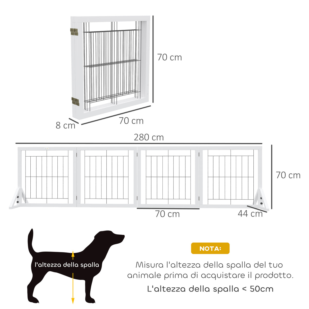 Cancellino per Cani Pieghevole con 4 Pannelli e Piedini Triangolari, 280x70 cm, Bianco