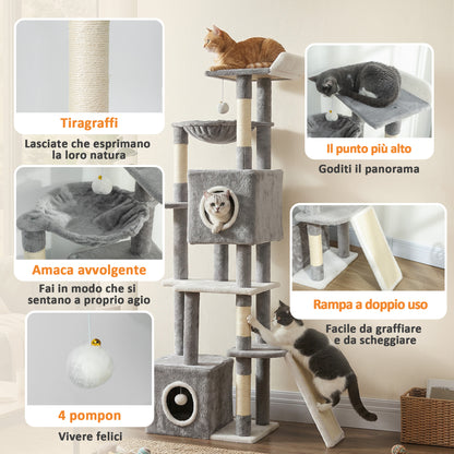 Albero Tiragraffi per Gatti con 2 Casette, Rampa, Trespoli e 4 Palline, 48x40x165 cm, Grigio e Bianco