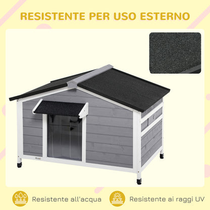 Casetta per Cani in Legno con Design Rialzato, Tenda Protettiva e 2 Finestre, 109x79x72 cm
