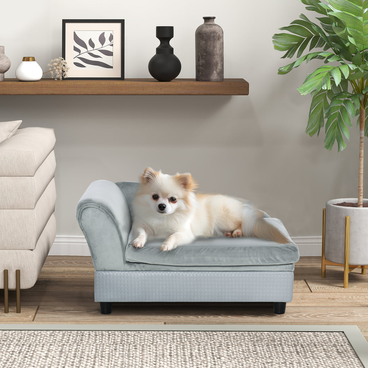 Divano per Cani con Spazio Portaoggetti e Cuscino, in Legno e Poliestere, 76x45x43 cm, Grigio Chiaro