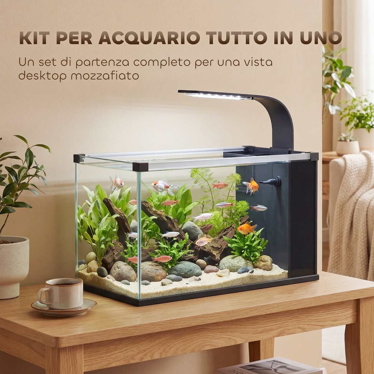 Acquario Casalingo da 24L in Vetro Temperato con Filtro Integrato e Luce LED, 45x25x25.5 cm, Nero