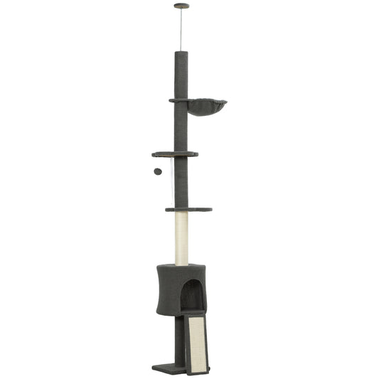 Albero per Gatti a Soffitto Alto 220-240 cm con Amaca, Casetta, Piattaforme a Fiore e Pali in Sisal, Grigio