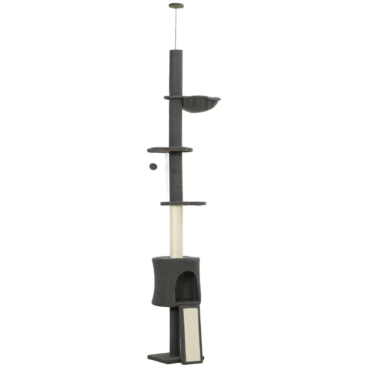 Albero per Gatti a Soffitto Alto 220-240 cm con Amaca, Casetta, Piattaforme a Fiore e Pali in Sisal, Grigio