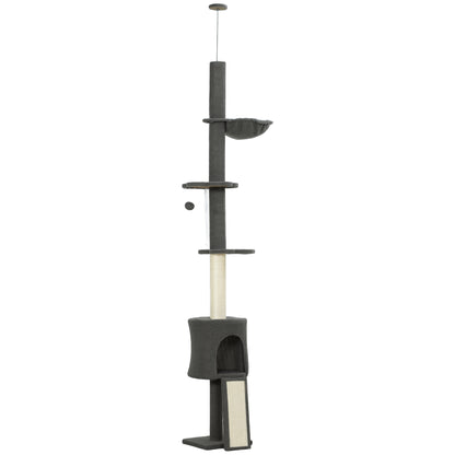 Albero per Gatti a Soffitto Alto 220-240 cm con Amaca, Casetta, Piattaforme a Fiore e Pali in Sisal, Grigio