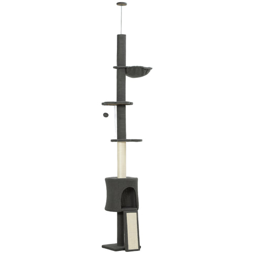 Albero per Gatti a Soffitto Alto 220-240 cm con Amaca, Casetta, Piattaforme a Fiore e Pali in Sisal, Grigio