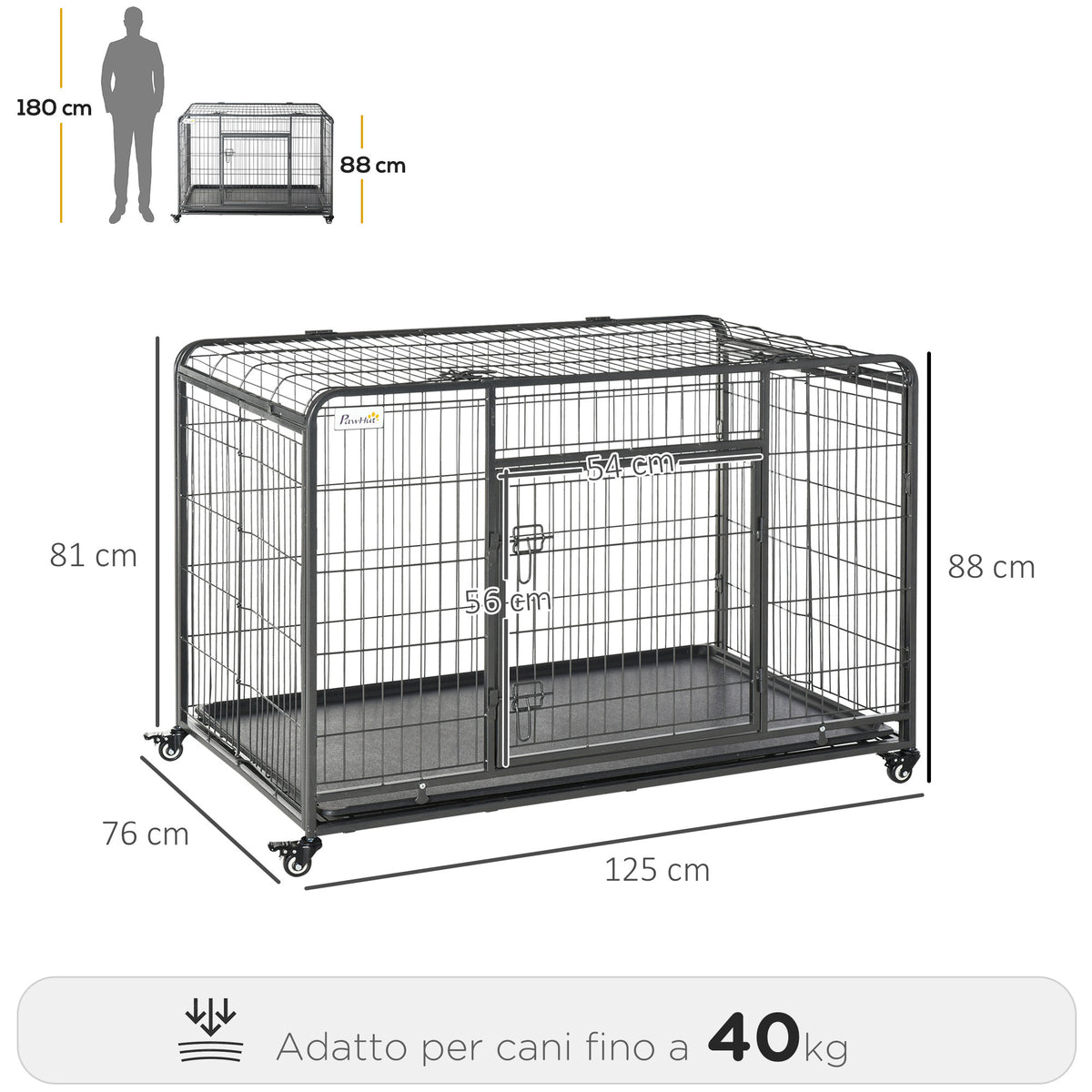 Kennel Gabbia per Cani Pieghevole a Doppia Porta con Blocco, Box per Cani con 4 Ruote con Freno e Fondo Rimovibile, 125x76x81cm, Grigio Scuro